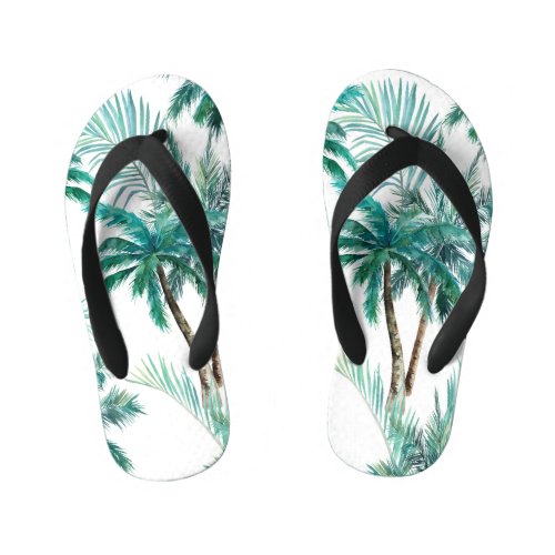 Tropical Palm Watercolor Jungle Pattern Kids Flip Flops