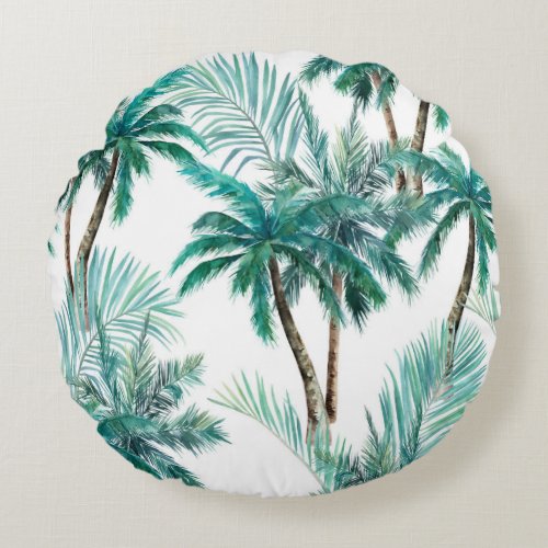 Tropical Palm Watercolor Jungle Pattern Round Pillow