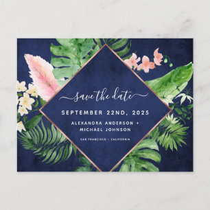 Tropical Palm Watercolor Navy Blue Save the Date Announcement Postcard