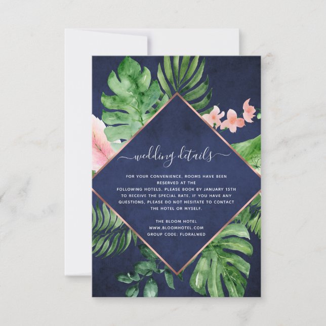 Tropical Palm Watercolor Navy Blue Wedding Details Invitation (Front)