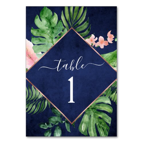 Tropical Palm Watercolor Navy Blue Wedding Table Number
