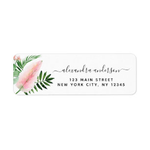 Tropical Palm Watercolor Pink Green Return Address Label