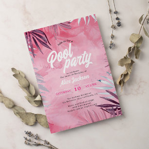 Tropical Palm Watercolor Pool Party Sweet 16 Invitation