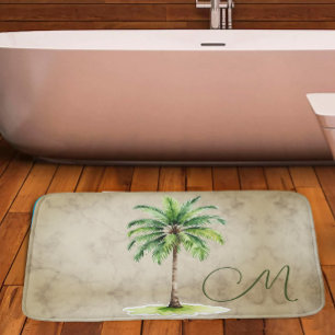 Tropical Palm Watercolor Tree Monogram Elegant Bath Mat