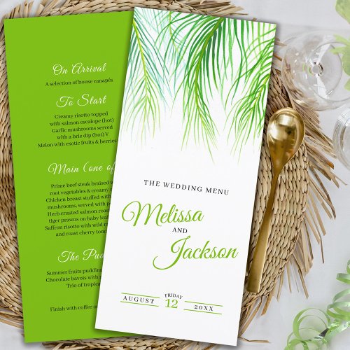 Tropical palm watercolor wedding green menu