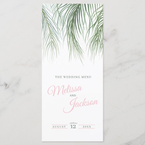 Tropical palm watercolor wedding green pink menu