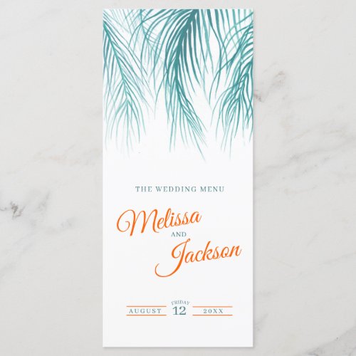 Tropical palm watercolor wedding green pink menu