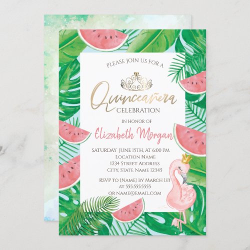 Tropical Palm Watermelon Pink Flamingo Invitation