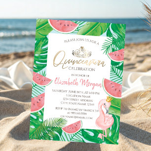 Tropical Palm Watermelon Pink Flamingo Invitation