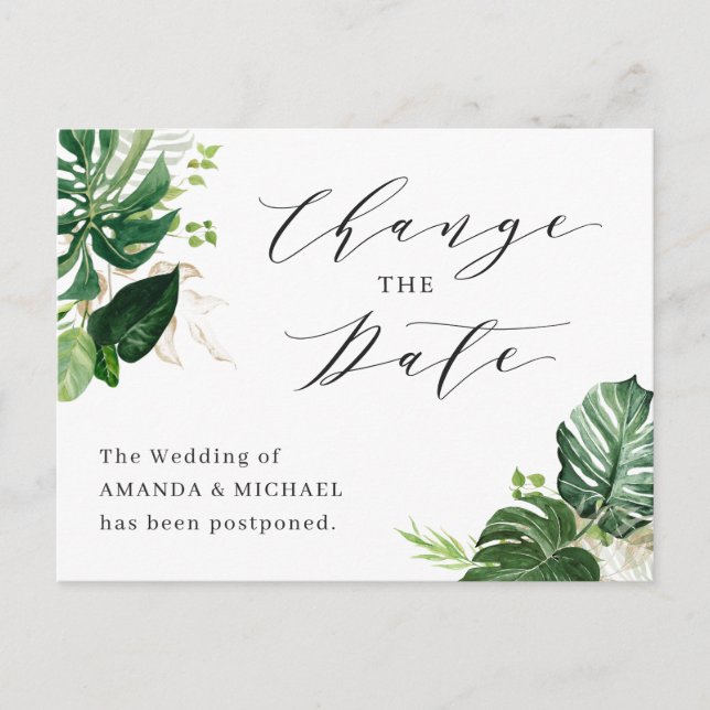 Tropical Palm Wedding Change The Date Postcard (Front)