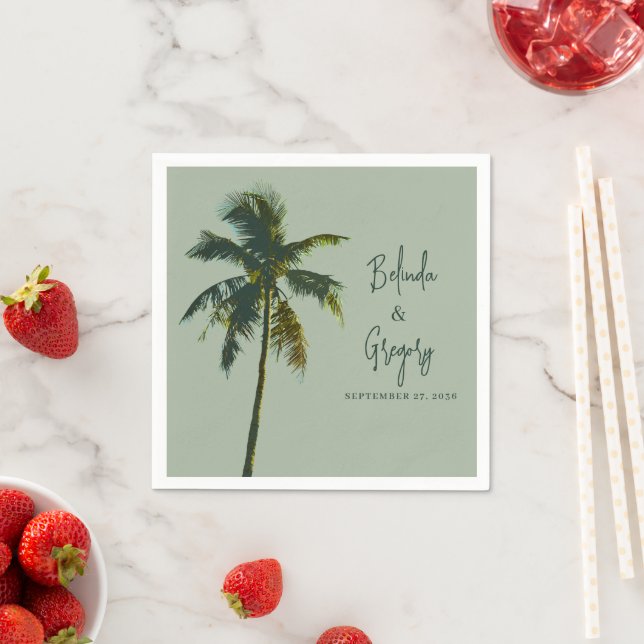 Tropical Palm Wedding Cocktail Napkins Text Green (Insitu)
