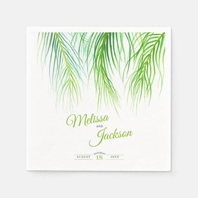 Tropical palm wedding lush green and white napkins (Front)