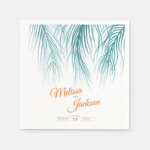 Tropical palm wedding lush teal blue orange white napkins