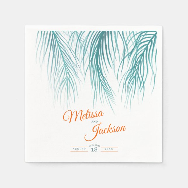 Tropical palm wedding lush teal blue orange white napkins (Front)