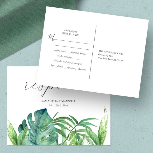 Tropical Palm Wedding Meal Choice RSVP Postcard (rsvp postcard features tropical monstera and palm leaves watercolor art by Victoria Grigaliunas)