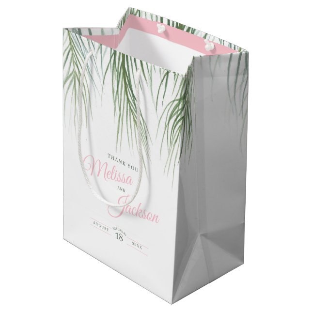 Tropical palm wedding thanks dark green pink white medium gift bag (Back Angled)