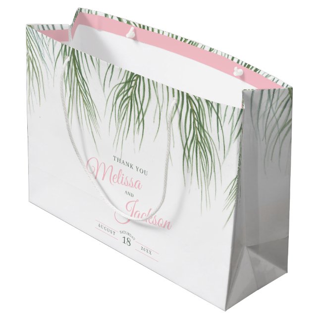 Tropical palm wedding thanks pink green and white large gift bag (Back Angled)