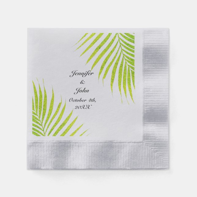 Tropical Palm Weddings Glittery Green Gold Silver Napkins (Front)