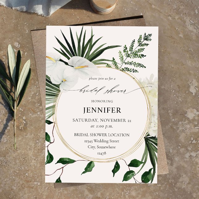 Tropical Palm & White Floral Bridal Shower Invitation (Creator Uploaded)