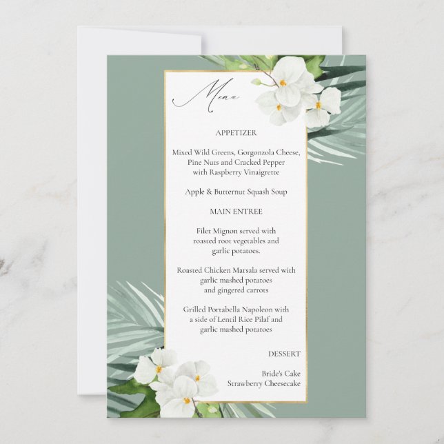 Tropical Palm & White Floral Menu - Mint Green Invitation (Front)