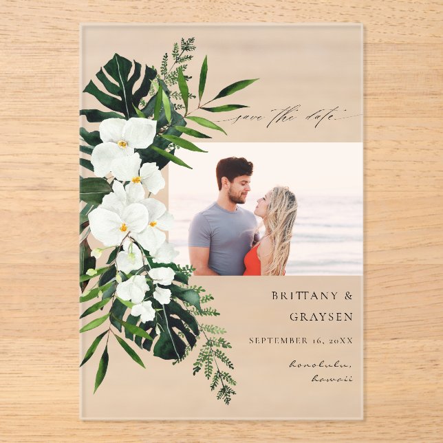 Tropical Palm & White Floral Save the Date Photo (Front)