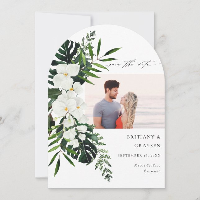 Tropical Palm & White Floral Save the Date Photo A (Front)