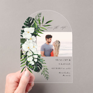 Tropical Palm & White Floral Save the Date Photo A Acrylic Invitations