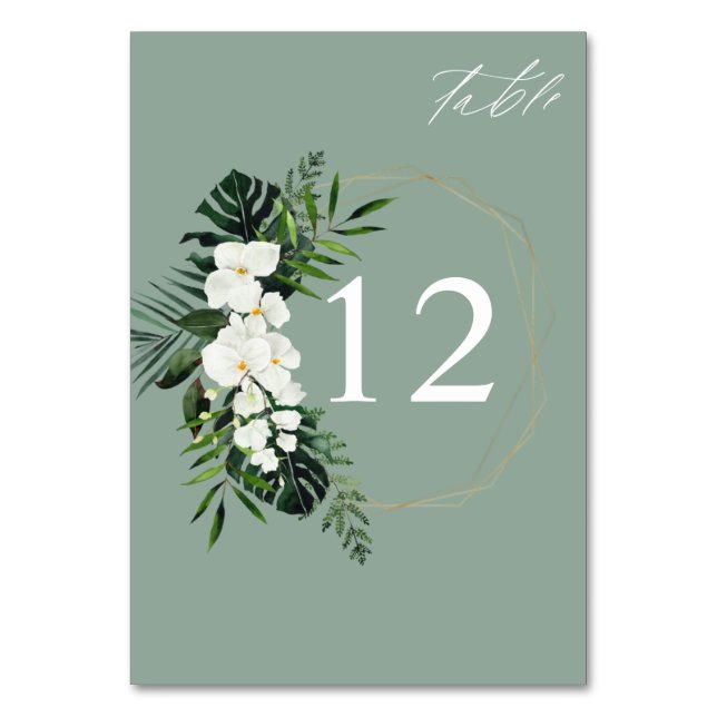 Tropical Palm & White Floral Table Number -M Green (Front)
