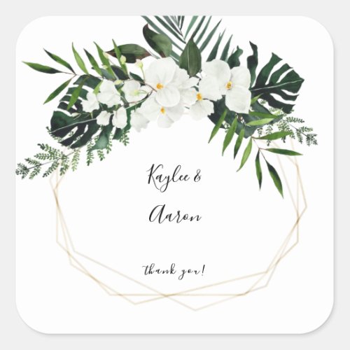 Tropical Palm  White Floral Thank You 2 Square Sticker