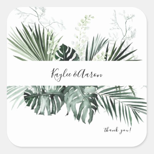 Tropical Palm  White Floral Thank You Square Sticker