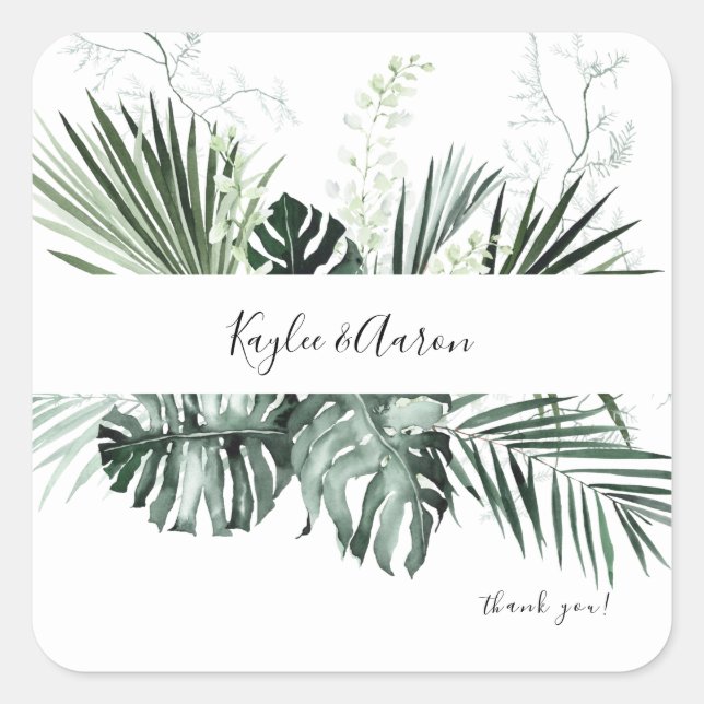 Tropical Palm & White Floral Thank You Square Sticker (Front)