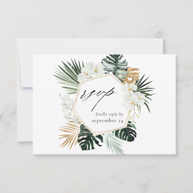Tropical Palm & White Floral w Meal RSVP Card 2 (Front)