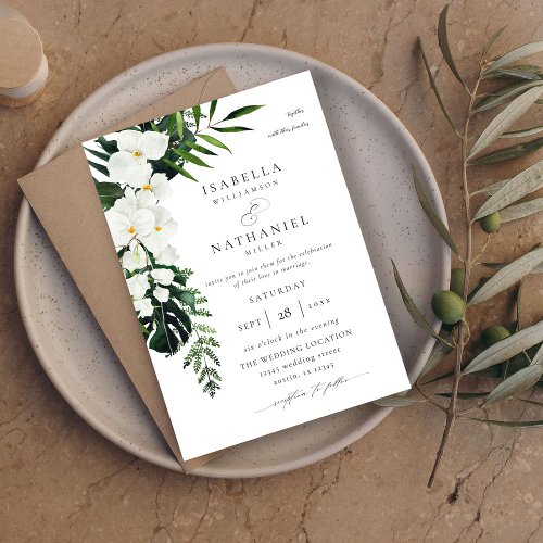 Tropical Palm  White Floral Wedding 2 V2 Invitation