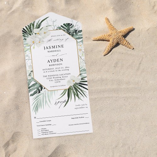 Tropical Palm  White Floral Wedding All In One Invitation