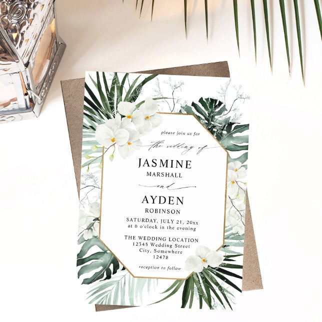 Tropical Palm & White Floral Wedding V2 LN Invitation