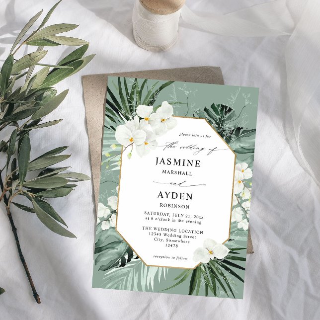 Tropical Palm & White Floral Wedding V2 LN M Green Invitation (Creator Uploaded)