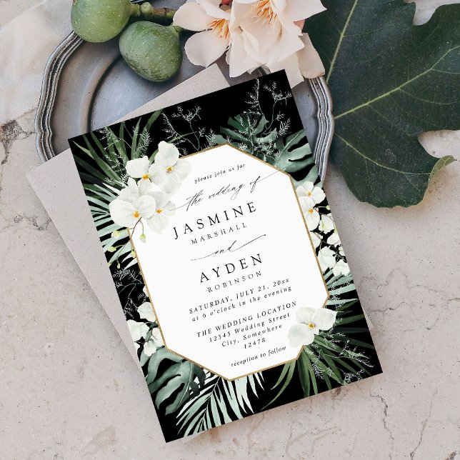 Tropical Palm & White Floral Wedding V2B LNM Black Invitation (Creator Uploaded)