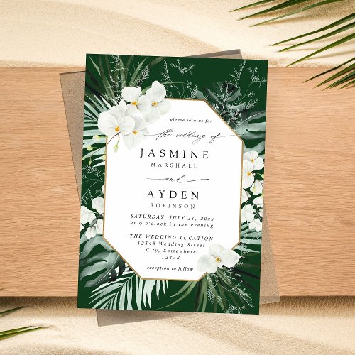 Tropical Palm  White Floral Wedding V2B LNM Green Invitation