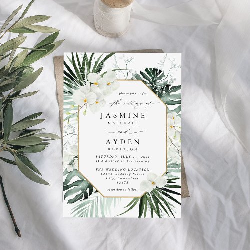 Tropical Palm  White Floral Wedding V2B LNM Invitation