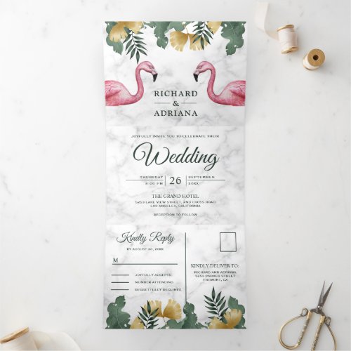 Tropical Palm White Marble Flamingo Couple Wedding Tri_Fold Invitation