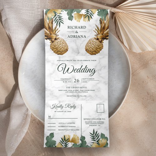 Tropical Palm White Marble Gold Pineapple Wedding Tri_Fold Invitation