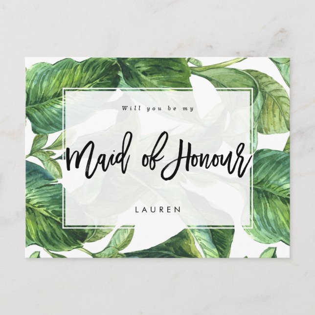 tropical palm will you be my maid of honor announcement postcard (Front)