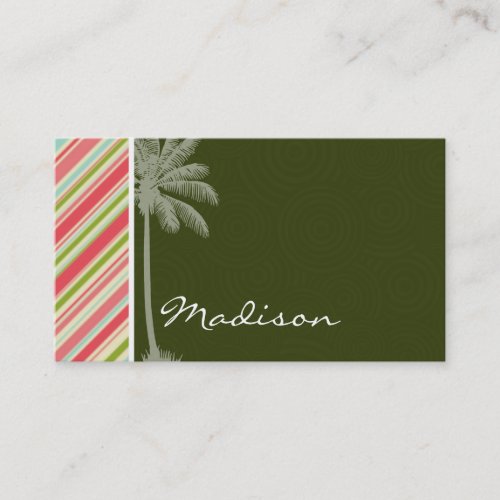 Tropical Palm with Coral &amp; Green Stripes Business Card Templates
