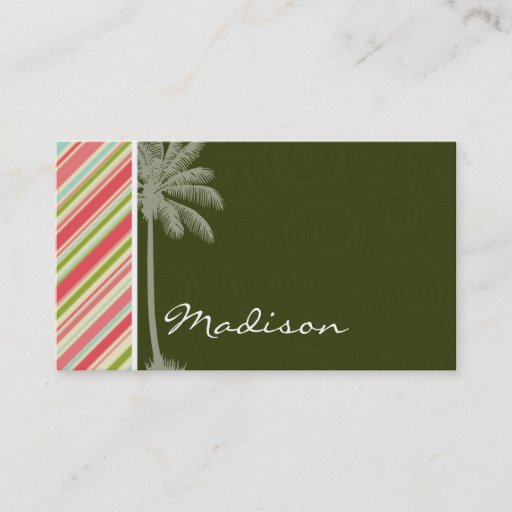 Customizable Tropical Palm with Coral & Green Stripes Business Card Templates