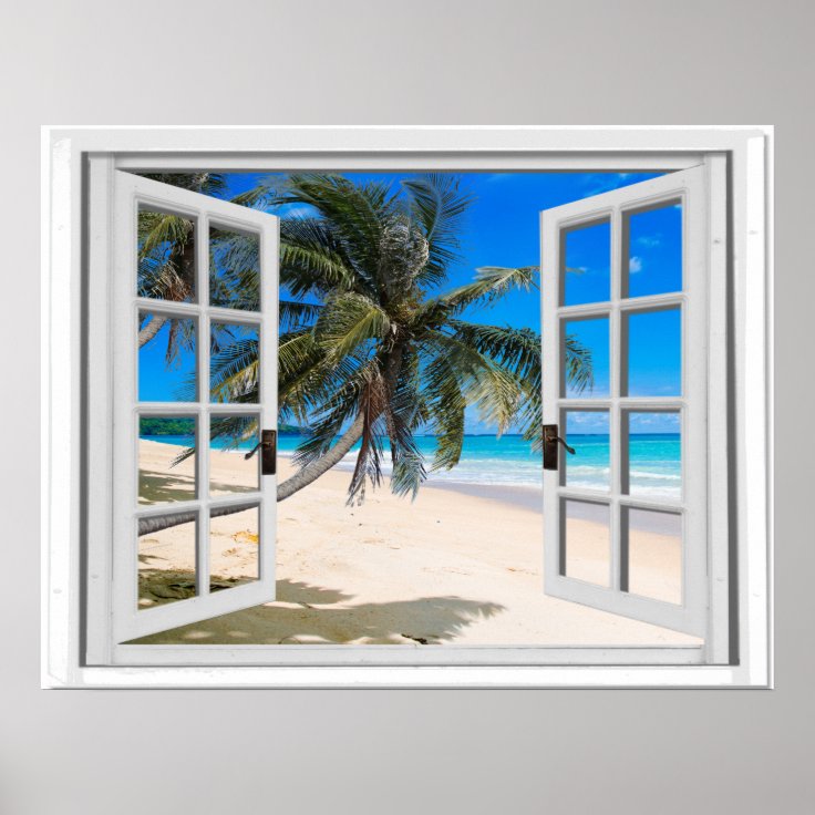 Tropical Palms And Ocean Faux Window View Poster 