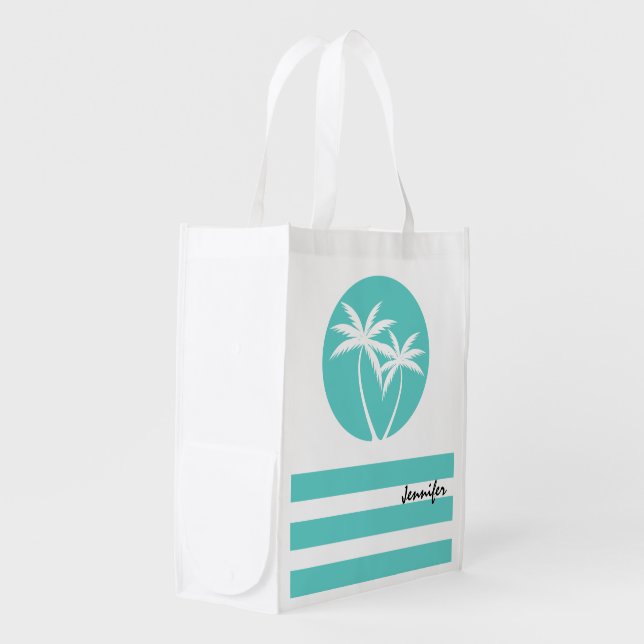 Tropical Palms and Stripes with Any Name Grocery Bag (Front Side)