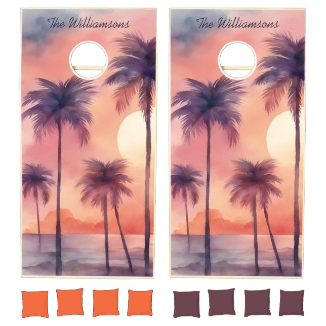 Tropical Palms at Sunset Monogram Cornhole Set (Set)