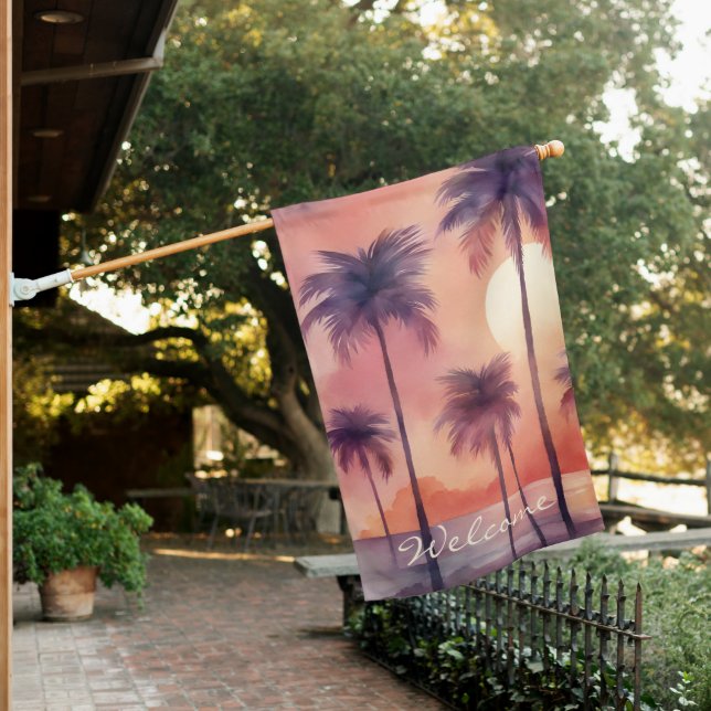 Tropical Palms at Sunset Monogram House Flag (In SItu)