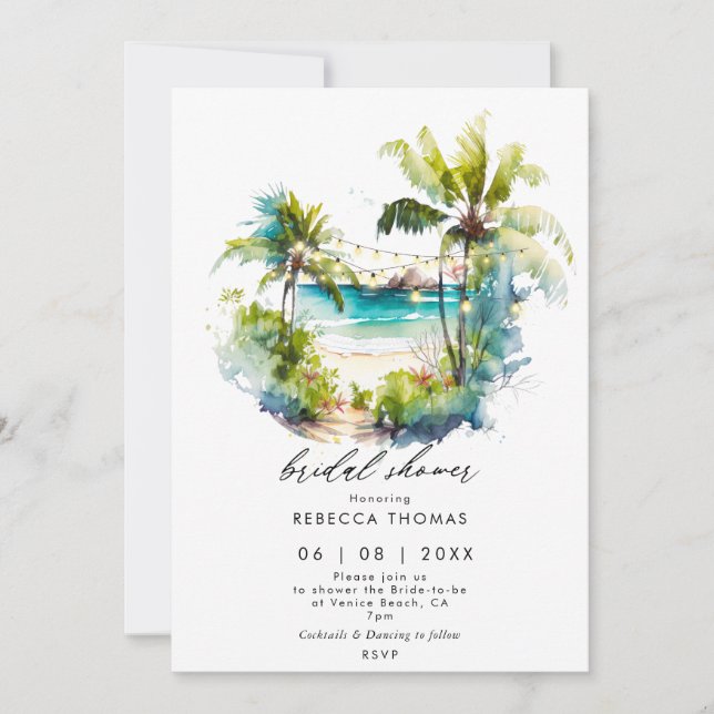 tropical palms beach bridal shower invitation (Front)