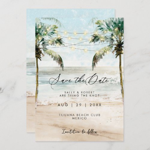Tropical palms beach lights save the date card